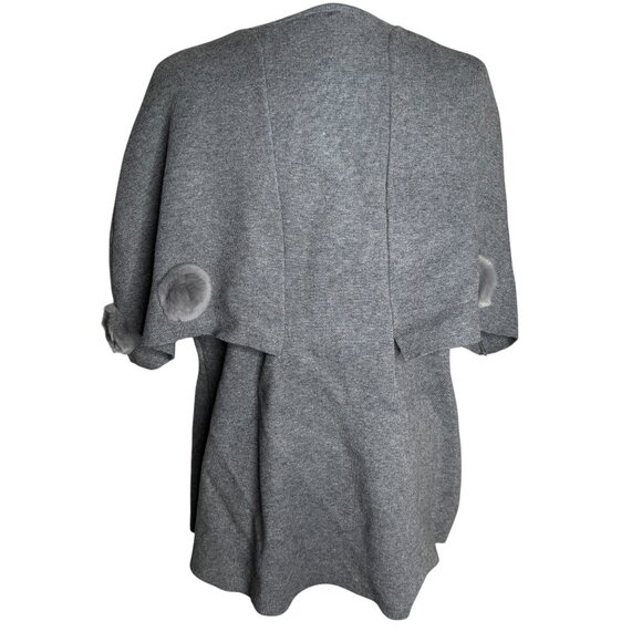 Gray Wool Short Sleeve Cape Coat Medium Fur Pom Pom Accents Rose Buttons - Picture 4 of 6